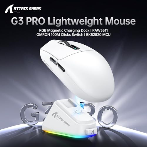 Image of ATTACK SHARK G3 Pro Wireless Gaming Mouse with Magnetic Charging Dock,White | PixArt PAW3311 Gaming Sensor,BT /2.4G Wireless /Wired Gaming Mouse,25K DPI,59g Ultra-Lightweight Gamer Mice for PC /Win /PS4 /Mac