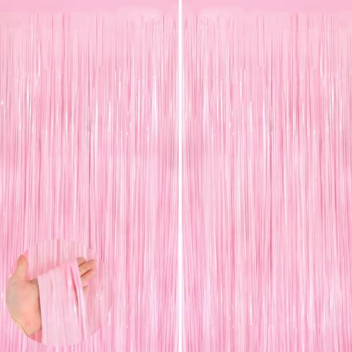 Image of 2Pack Pastel Pink Metallic Tinsel Foil Fringe Curtains, 3.3 X 8.3ft Pink Party Streamers Backdrop Curtains for Birthday Party Decorations, Halloween Decor, Foil Curtain Backdrop for Bachelorette Party