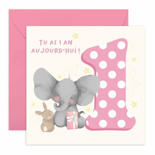 Central 23 Carte 1er Anniversaire Pour Bébé Fille – 1 An Aujourd'hui – Lapin Éléphant –...