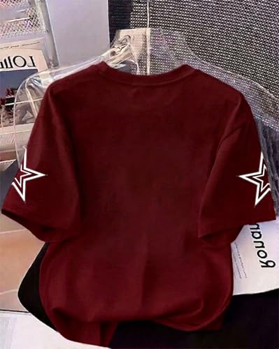 Image of Women's Typography Round Neck Cotton-Blend T-Shirts, Oversized Drop Shoulder Boho Style T-Shirt