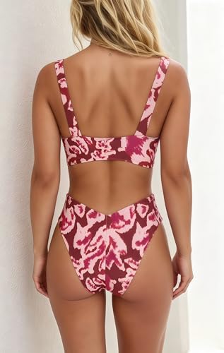 Image of geluboao Bikini Set for Women Solid V Neck Knot Front Push Up High Leg Thong Two Piece Swimsuit
