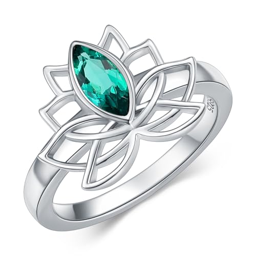 Emerald Lotus Flower Ring for Women 925 Sterling Silver Promise Statement Ring for Mom Wife Her
