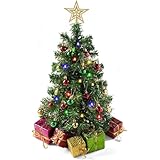 PREXTEX 23-Inch DIY Mini Christmas Tree with Lights - Small Christmas Decorations Table Top Xmas Tree with Multicolor LED String Lights, Star Topper, Hanging Ornaments and Gift Boxes for Holiday Decor