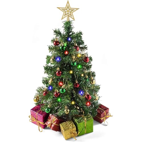 Prextex 23-Inch DIY Tabletop Mini Christmas Tree with Multi-Color LED Lights, Star Treetop, Decorated Gift Boxes and Hanging Ornaments