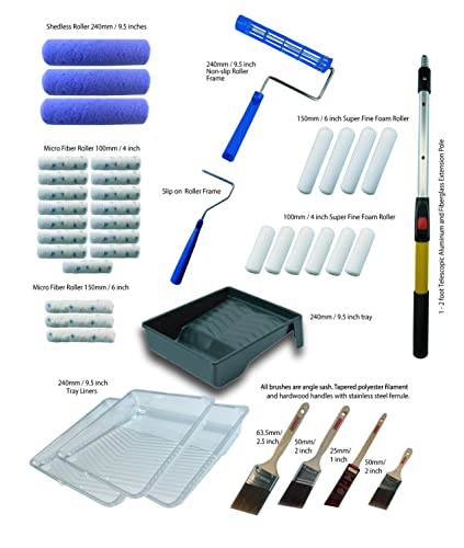 Painters Dream 42-Piece Painters Interior House Painting Tool Kit – Pro Contractor Set Incl 1’-2’ Telescoping Ext Pole, Angle Sash Brushes, No Slip Roller Frame, Roller Covers, Paint Tray And Liners #TOP1
