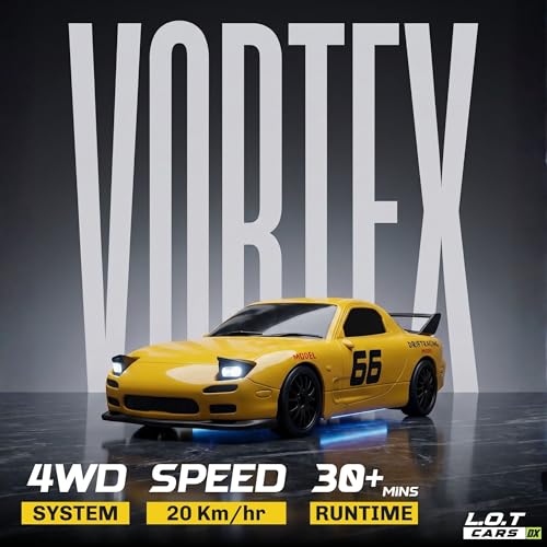 Image of Vortex RC Drift Car, 20 Km /h High Speed Remote Control Car, 2.4GHz 4WD with Pop-Up LED Headlights, Multi LED Lights, Long Range Control (Overdrive, Yellow)
