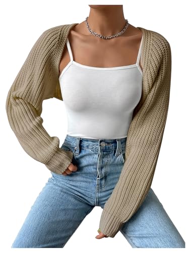 Image of GORGLITTER Women's Open Front Cardigan Sweater Trendy Dressy Cute Long Sleeve Bolero Shrug Fall Knit Short Cardigan Khaki X-Large