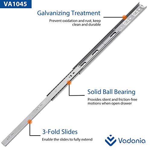 VADANIA 14-Inch Drawer Slide, VA1045 Chrome, Ball Bearing 3 Folds Full Extension, Side Mount, 100 Lb Load Capacity, 1 Pair (2-Pack)