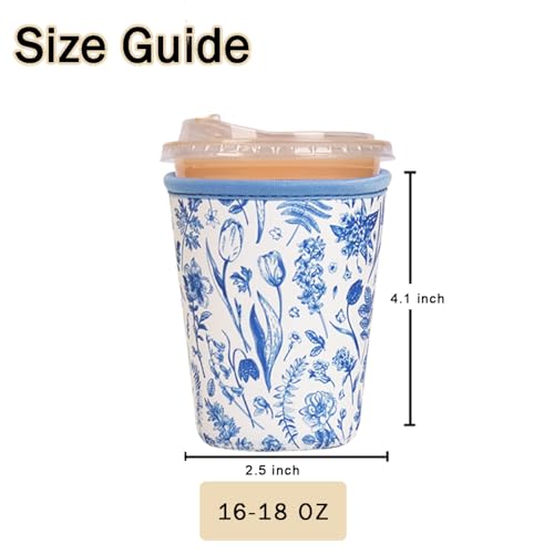 Image of Reusable Insulated Sleeve for Iced Coffee Cup, Coffee Neoprene Sleeve for Cold & Hot Drinks, Beverage Holder for Iced Coffee (Blue Fern Florals, Small: 16-18oz)