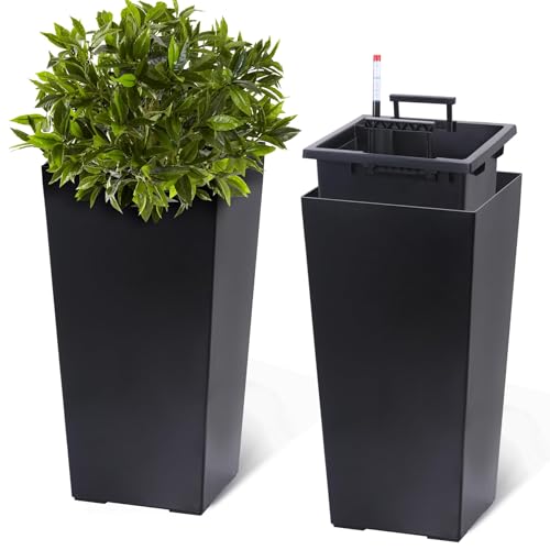 Liyaxenug Self-Watering Tall Planters Set of 2, 22.5 Inch Large Indoor Outdoor Flower Pots with Water Level Monitor & Drainage, Modern High Front Porch Planters for Patio Home Decor, Black