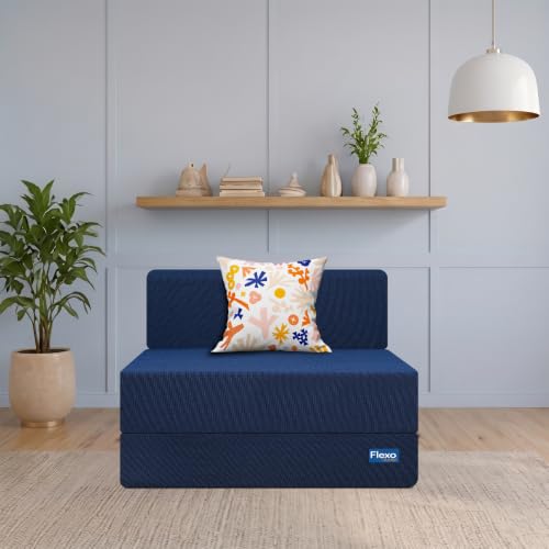 Image of Starlon 2 Seater Foldable Sofa Cum Bed 3-in-1 with 2 Floral Pattern Pillows, Washable Jute Fabric Cover, Space Saving Guest Bed, Pre-Assembled Royal Navy Blue 4x6 Ft