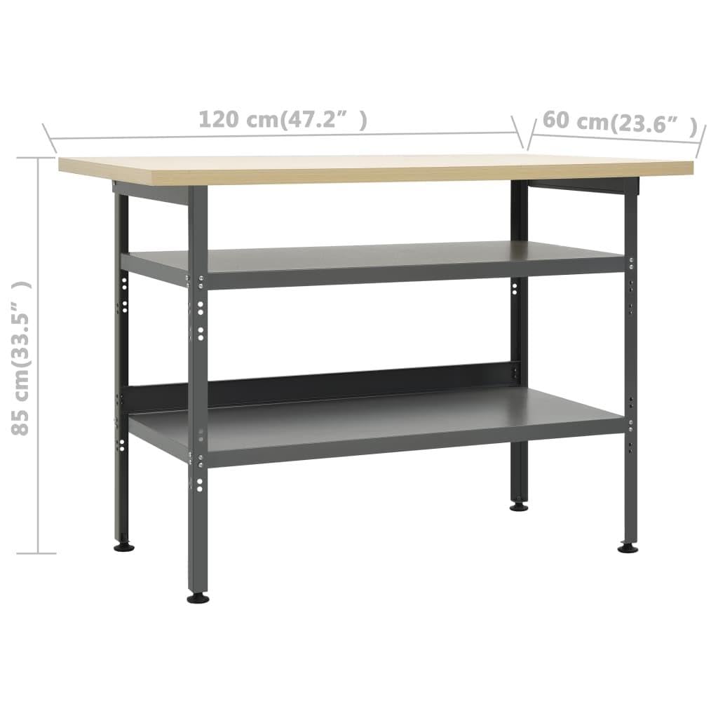 Etabli - Tavolo da lavoro, postazione di lavoro, deposito attrezzi, banco attrezzi con 2 ripiani Garage Laboratorio 120 cm, acciaio grigio 02_0003676