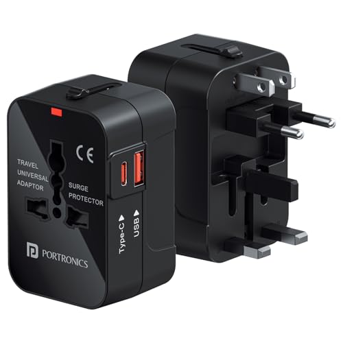 Image of Portronics Juicemate Universal Travel Adapter with 20W Type C PD & 18W USB-A Output Port, All in One International Travel Fast Charging Adapter, Suitable for 200+ Countries US,UK,EU,AUS,Etc(Black)