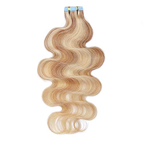 Hairro Remy Tape In Hair Extensions 16 Inch 20Pcs 50G Wavy Human Hair Highlight Body Wave Hair Seamless Skin Weft Glue In Human Hairpieces 2 Tones Balayage #18/613 Ash Blonde Mix Bleach Blonde #TOP5