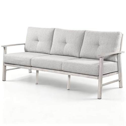 Image of 3 Seats Patio Furniture Sofa, Outdoor Aluminum Couch with 5.9'' Soft Cushion, 3-Seater All-Weather Outdoor Patio Furniture Sofa Couch for Balcony, Poolside, Lawn, White Oak
