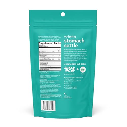 Image of UpSpring Stomach Settle Drops for Occasional Nausea Relief /Upset Stomach with Ginger, Lemon, Spearmint, and B6. Mint Flavor Drops, 28 Ct (Pack of 2)