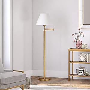 Moby Swing Arm Floor Lamp with Fabric Empire Shade in Brass/White
