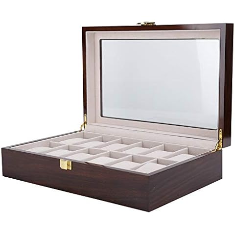Uhrenbox mit 12 Fächern, Uhrenkasten mit Glasdeckel für 12 Uhren, Uhrenbox Uhr Aufbewahrungsbox aus Massiv Holz mit Glas Vitrine und Metallverschlüss Cover