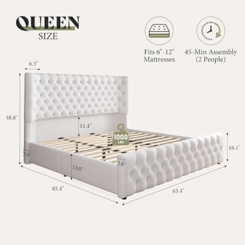 Image of AMERLIFE Queen Upholstered Bed with Headboard, Wingback, White Linen