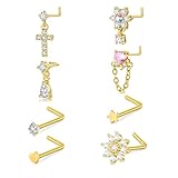 AceFun 8pcs Gold Nose Rings Studs Set for Women 20G Surgical Steel Dangle Nose Ring L-Shaped Star Nostril Nose Piercing Jewelry Hypoallergenic CZ Heart Cross Flower Nose Studs