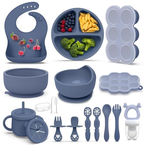 16 Pack Silicone Baby Feeding Set, BPA-Free Baby LED Weaning Supplies, Include Suction Plates, Baby Bowls, Silicone Fork & Spoon, and More, First...