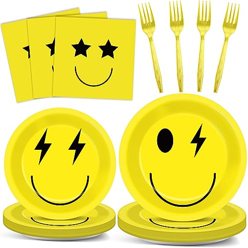 Image of 96PCS Smile Face Paper Plates and Napkins Yellow Smile Face Birthday Party Supplies for 24 Guests Preppy Disposable Dinnerware Set Preppy Cake Tableware Party Decorations for Bachelorette Baby Shower