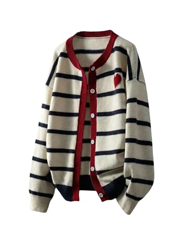 WDIRARA Womens Heart Striped Button Up Cardigan Sweaters Long Sleeve Knit Outerwear Beige Black Red Large