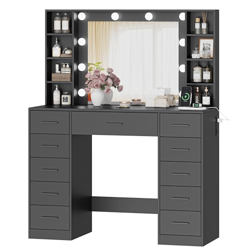 Image of Wodeer Makeup Vanity with Drawers, 43 inch Black Vanity Desk with Mirror and Lights, 11 Drawers & 4 Shelves, Power Outlet & Adjustable LED Lights, Dressing Table for Women & Girls Bedroom