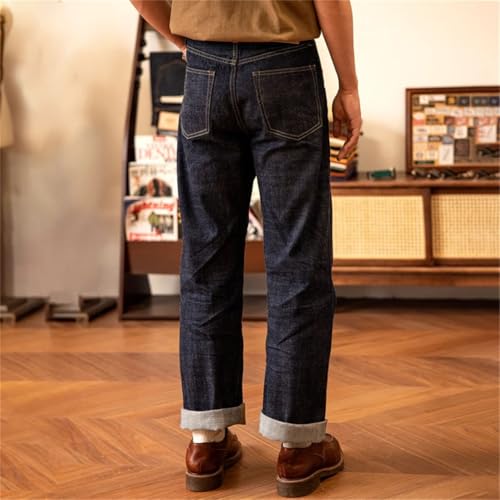 Men’S Vintage Loose Fit Straight Selvedge Cotton Full Length Jeans Button Fly High Waist Midweight Daily Wear Pants4