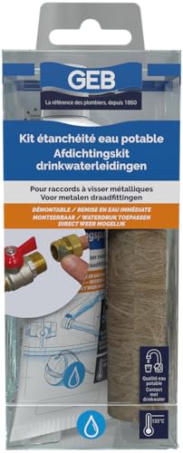 GEB Kit étanchéité Complet pour raccords à Visser métalliques. Démontable - Remise en Eau immédiate - Compatible Eau Potable - Tube 50ml + Filasse 20g,...