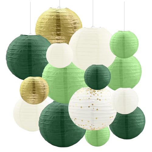 Zhiaek 17 Pièces Lampion Papier Decoration Mariage Lanterne Papier Deco Anniversaire Baby Shower Bapteme Lanternes Chinoise Sauge Crème et Doré Decoration...