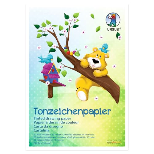 Ursus 2134699 - Tonzeichenpapier A4, 20 Blatt in 10 sortierten Farben, 130 g/m², Papier zum Malen, Falten und Basteln, für Schule, Kindergarten und DIY-Projekte