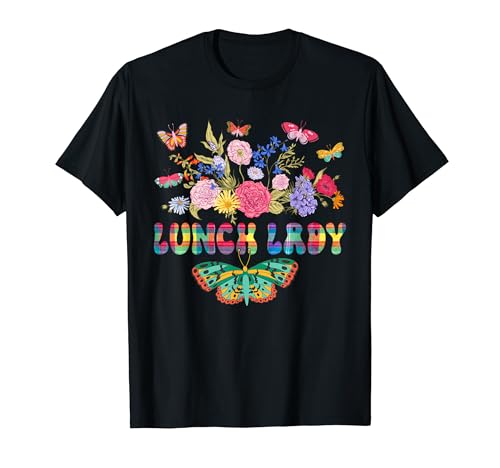 Disfraz de lunch Lady con bonitas flores y mariposas Camiseta