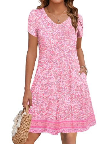 Zeagoo Summer Dress for Women Bohemian Short Sleeve Dresses House Dresses Petite Knee Length Spring Knee Length Summer Dresses T Shirt Swing Dresses Pink Print XL