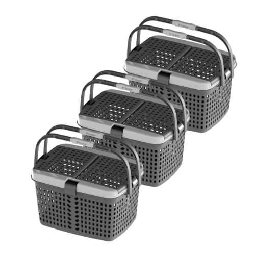 Image of FLAIR Dual Compartment Storage Basket Set of 3 - Sturdy Plastic Organizer with Handles & Lid | Plastic Multipurpose Trendy Shopping Big Basket | Ideal for Kitchen, Bathroom, Laundry & Toys (Grey)