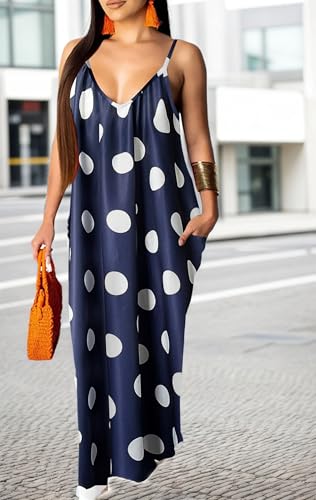 Image of Women's Casual Summer Maxi Dresses Sleeveless Adjustable Spaghetti Strap Loose Plus Size Dresses