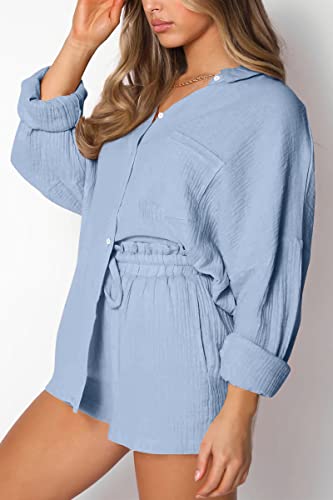 Image of Trendy Queen Two Piece Sets For Women Summer Short Sets | Matching Two Piece Pajama, Lounge Wear, Linen Set, Button-down Top with Matching Shorts, Perfect for Beach, Resort Wear