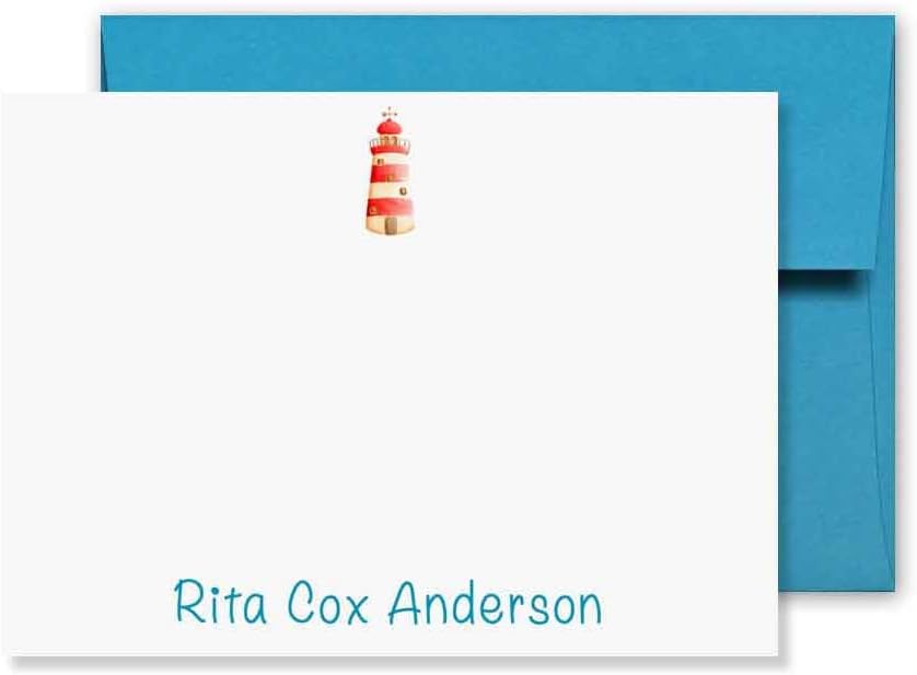 KAI KAI MARKET | Banded Lighthouse | Personalized Stationery | Flat Note Cards and Envelopes | Marine, Nautical, Kids | Thank You Cards |