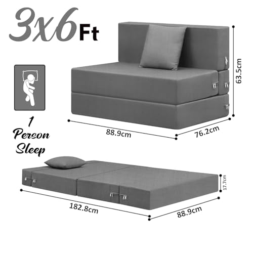 Image of Rosebell One Seater Foldable Sofa Cum Bed (3x6 Feet) Jute Fabric, Washable Removable Cover, | Space Saving Convertible Sofa Bed for Home, Office & Guests - Grey