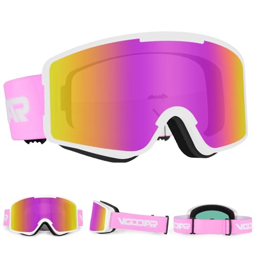 Vgooar Lunettes de ski, Masques de Ski à Lentille Cylindrique OTG avec Longues Sangles Réglables, Protection UV 100% Anti-buée, Lunettes de Neige pour...