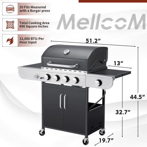 Mellcom 4 Burner Bbq Propane Gas Grill, 36,000 Btu Stainless Steel Patio Garden Barbecue Grill With Stove And Side Table #TOP3