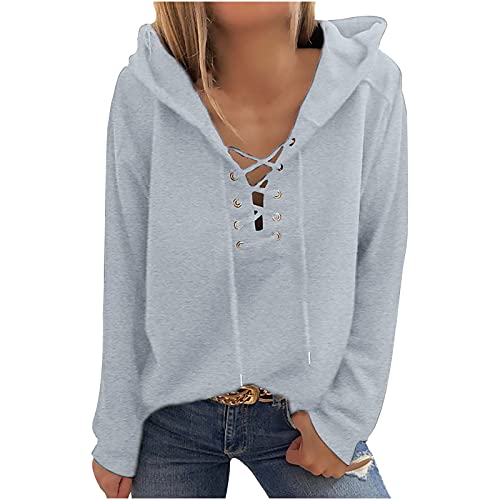 Hoodies Sweatshirts for Women's Solid Color V Neck Criss Cross Lace Up Hoodies Casual Long Sleeve Pullover Tops Gray