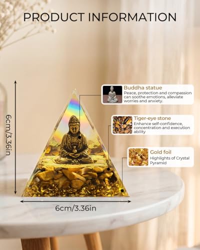 Image of Orgone Pyramid with Healing Crystals - (Buddha, Golden) - Energy Generator for Positive Vibe, Stress Relief & Chakra Reiki Meditation - Pyramid Decor - Spiritual Gift for Success, Wealth & Prosperity