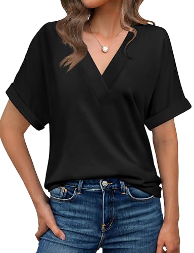 Womens Summer V-Neck Tees 2025- Lightweight Short Sleeve Tops with Soft Stretch | Trendy Casual T-Shirts for Spring & Summer