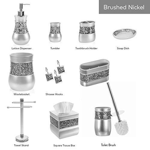 Creative Scents Gray Bathroom Accessories Set - 4 Piece Bathroom Decor Set For Home, Bath Restroom Set Features Soap Dispenser, Toothbrush Holder, Tumbler, Soap Dish - Bling Silver Mosaic Glass #TOP6