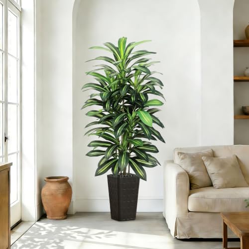 Image of Artificial Dracaena Tree Indoor, 6FT Tall Fake Floor Plants with Black Planter & Pebbles, Faux Silk Yucca Tree for Home Office Living Room Bedroom Farmhouse Modern Outdoor Topiary Tree