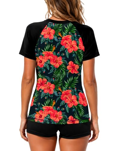 Image of AOBUTE Women Short Sleeve Rash Guard UPF 50+ Tropical Sun Protection Floral Swim Shirts