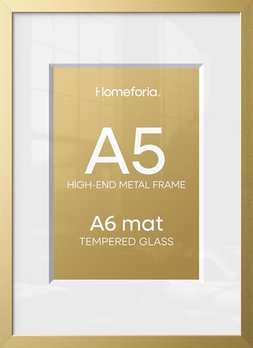 Image of Homeforia A5 Gold Picture Frame, High-End Metal, A6 Mat, Glass | High End Aluminum, Tempered Glass, Acid-Free A6 Removable Mat, A5 Edge-to-Edge Display, Wall Kit, Set Of 2