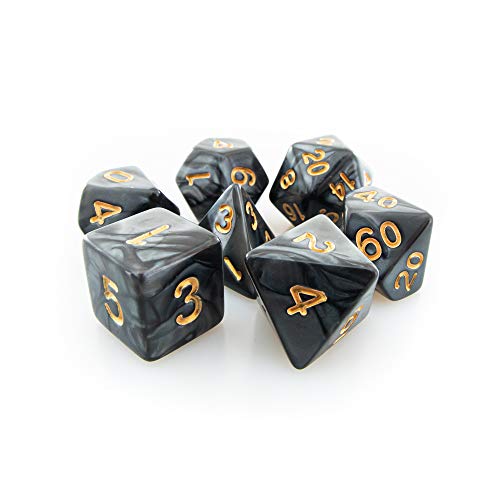 Kit 7 Dados RPG de Mesa D&D Opaco Perolado D4 D6 D8 D10 D10% D12 D20 Cor PRETO ROYAL + 1 Bolsa
