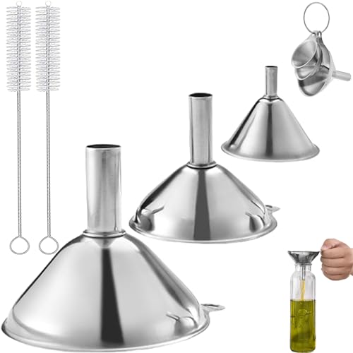 5 PCS Kitchen Funnel Set - Multi-use Food Grade Funnels With Handle, 3 Piece Set With 2 Cleaning Brushes for Filling Bottles, Liquid, Spices, Powder, Oils